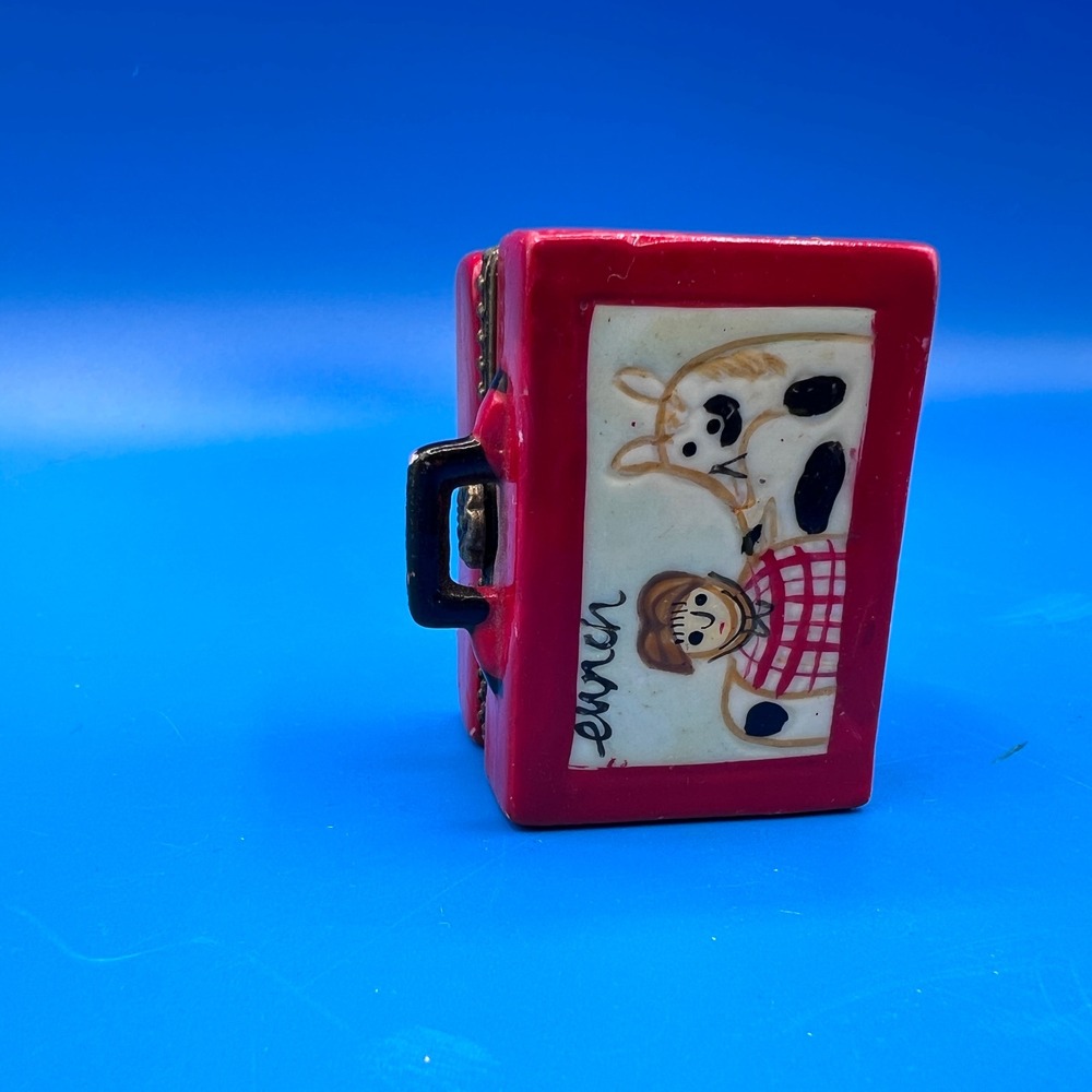 Vintage Ceramic Suitcase Trinket Box Red Emma Girl Cow Hand Painted Hinged Case